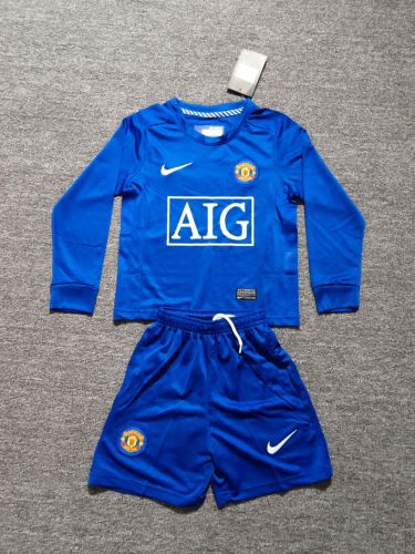 Long Sleeve Retro Youth Uniform Kids Kit 2008-2009 Manchester United Away Blue Soccer Jersey Shorts Vintage Child Football Set