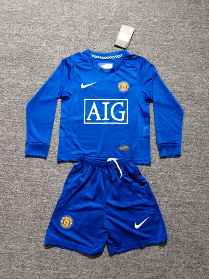 Long Sleeve Retro Youth Uniform Kids Kit 2008-2009 Manchester United Away Blue Soccer Jersey Shorts Vintage Child Football Set