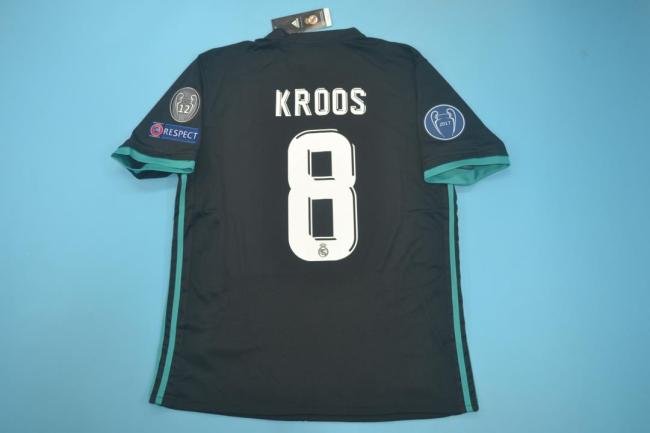 with UCL Patch+Golden FIFA Patch+Front Lettering Retro Jersey 2017-2018 Real Madrid KROOS 8 Away Black Soccer Jersey