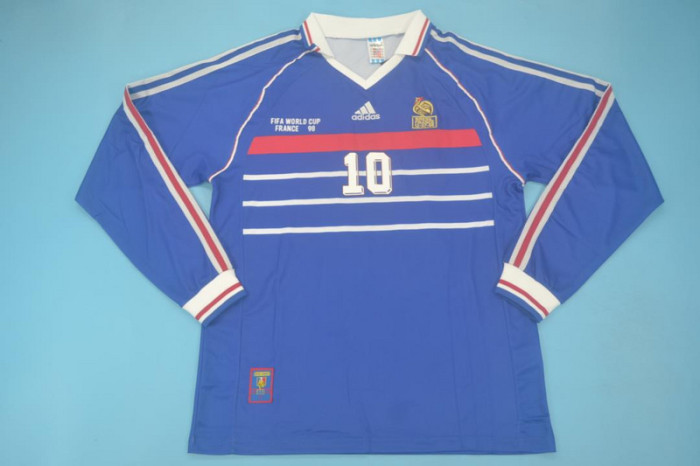 with Front Lettering Long Sleeve Retro Jersey 1998 France ZIDANE 10 Home Soccer Jersey Vintage Football Shirt