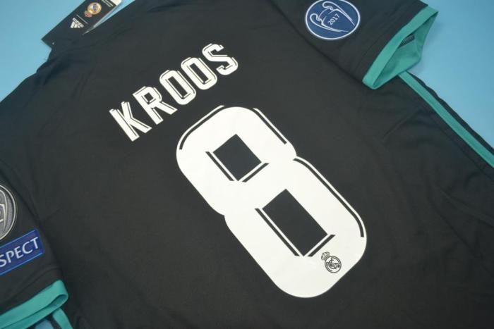 with UCL Patch+Golden FIFA Patch+Front Lettering Retro Jersey 2017-2018 Real Madrid KROOS 8 Away Black Soccer Jersey