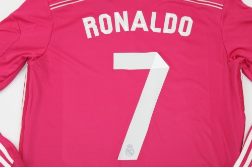with Golden FIFA Patch+UCL Patch Long Sleeve Retro Jersey 2014-2015 Real Madrid RONALDO 7 Away Pink Soccer Jersey