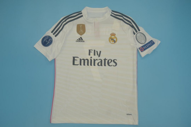 with Golden FIFA+UCL Patch Retro Jersey Player Version 2014-2015 Real Madrid Home Soccer Jersey Vintage Real Football Shirt
