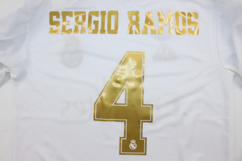 with Golden FIFA+UCL Patch Retro Jersey 2019-2020 Real Madrid SERGIO RAMOS 4 Home White Soccer Jersey