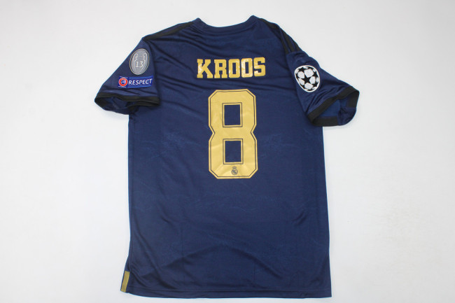 with Golden FIFA+UCL Patch Retro Jersey 2019-2020 Real Madrid KROOS 8 Away Dark Blue Soccer Jersey