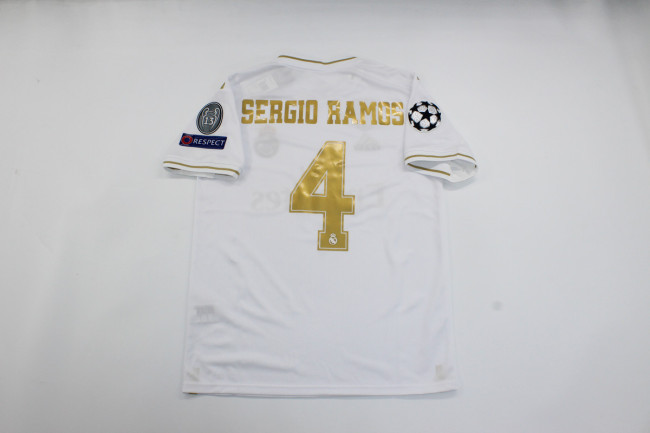 with Golden FIFA+UCL Patch Retro Jersey 2019-2020 Real Madrid SERGIO RAMOS 4 Home White Soccer Jersey
