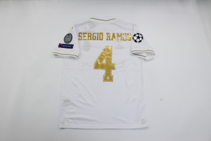 with Golden FIFA+UCL Patch Retro Jersey 2019-2020 Real Madrid SERGIO RAMOS 4 Home White Soccer Jersey