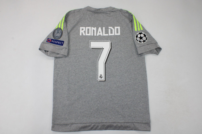 with Golden FIFA+UCL Patch Retro Jersey 2015-2016 Real Madrid Away Grey Vintage Soccer Jersey