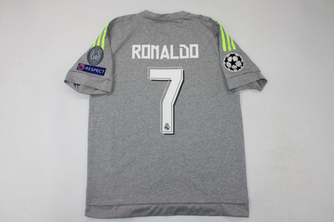 with Golden FIFA+UCL Patch Retro Jersey 2015-2016 Real Madrid Away Grey Vintage Soccer Jersey