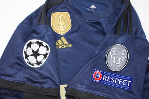 with Golden FIFA+UCL Patch Retro Jersey 2019-2020 Real Madrid Away Dark Blue Soccer Jersey