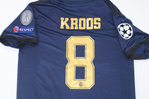 with Golden FIFA+UCL Patch Retro Jersey 2019-2020 Real Madrid KROOS 8 Away Dark Blue Soccer Jersey