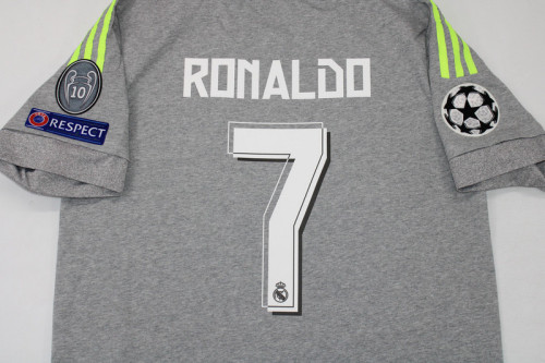 with Golden FIFA+UCL Patch Retro Jersey 2015-2016 Real Madrid Away Grey Vintage Soccer Jersey