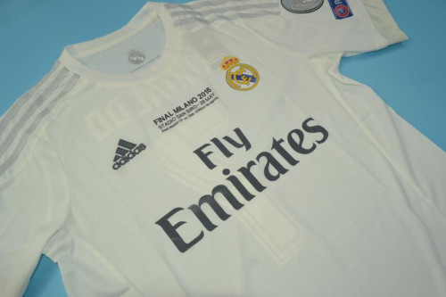 with Front Lettering+UCL Patch Retro Jersey 2015-2016 Real Madrid Home Soccer Jersey Vintage Real Camisetas de Futbol