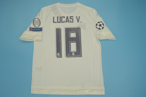 with Front Lettering+UCL Patch Retro Jersey 2015-2016 Real Madrid LUCAS V. 18 Home Soccer Jersey Vintage Real Camisetas de Futbol