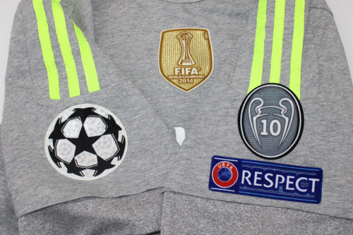 with Golden FIFA+UCL Patch Retro Jersey 2015-2016 Real Madrid Away Grey Vintage Soccer Jersey
