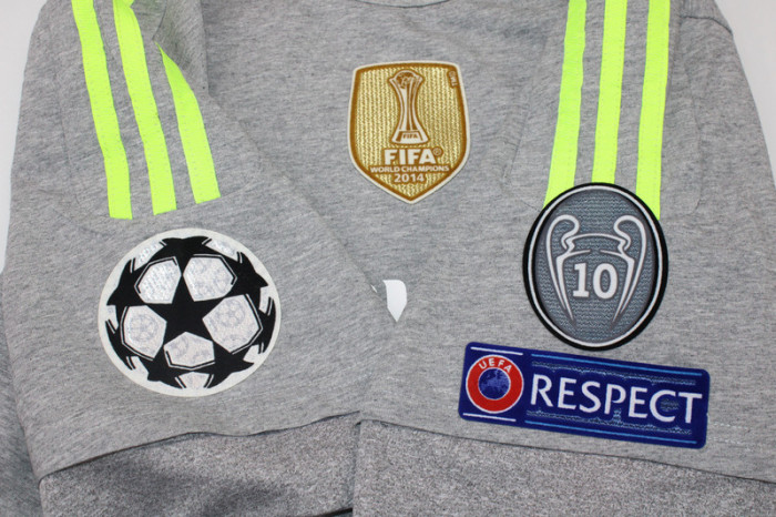 with Golden FIFA+UCL Patch Retro Jersey 2015-2016 Real Madrid Away Grey Vintage Soccer Jersey