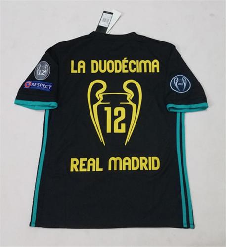 with UCL Patch+Golden FIFA Patch+Front Lettering Retro Jersey 2017-2018 Real Madrid LA DUODECIMA 12 Away Black Soccer Jersey
