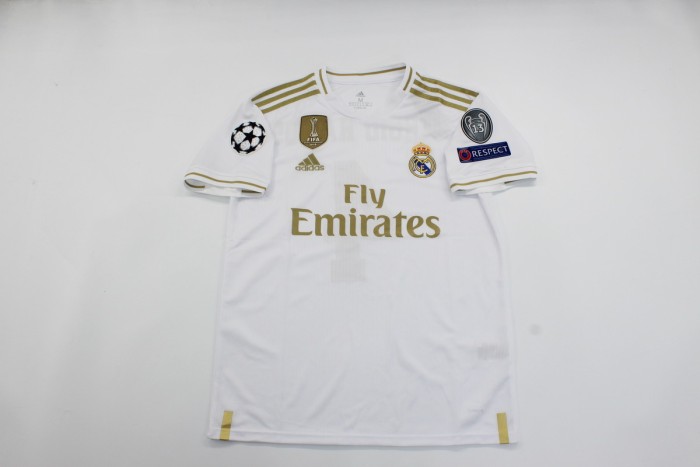with Golden FIFA+UCL Patch Retro Jersey 2019-2020 Real Madrid SERGIO RAMOS 4 Home White Soccer Jersey