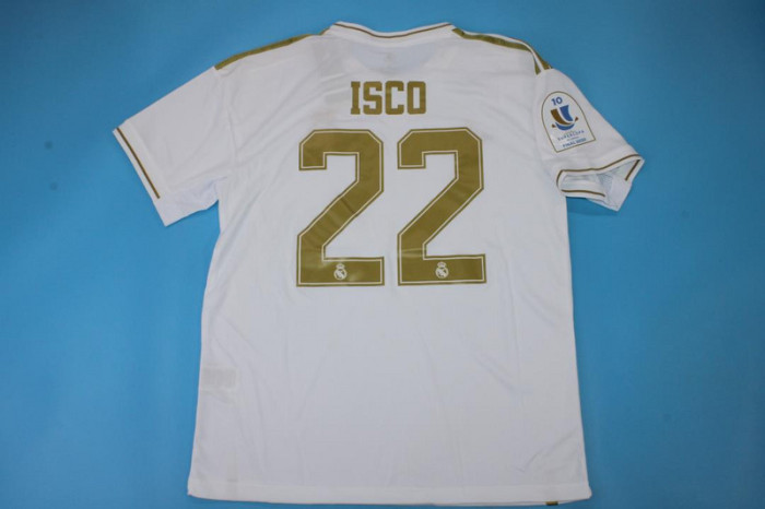 with Front Lettering+Supercopa Patch Retro Jersey 2019-2020 Real Madrid ISCO 22 Home White Soccer Jersey