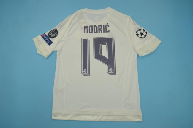 with Front Lettering+UCL Patch Retro Jersey 2015-2016 Real Madrid MODRIC 19 Home Soccer Jersey Vintage Real Camisetas de Futbol