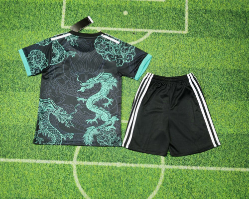 Youth Uniform Kids Kit 2025-2026 Real Madrid Black/Green Goalkeeper Soccer Jersey Shorts Child Football Set