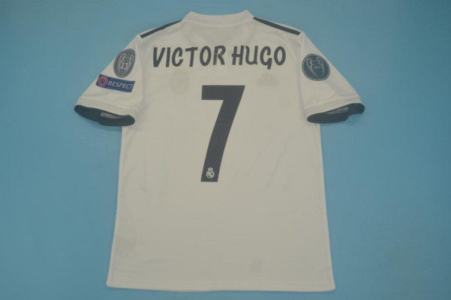 with Golden FIFA+UCL Patch Retro Jersey 2018-2019 Real Madrid VICTOR HUGO 7 Home Soccer Jersey Vintage Football Shirt