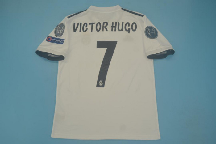with Golden FIFA+UCL Patch Retro Jersey 2018-2019 Real Madrid VICTOR HUGO 7 Home Soccer Jersey Vintage Football Shirt