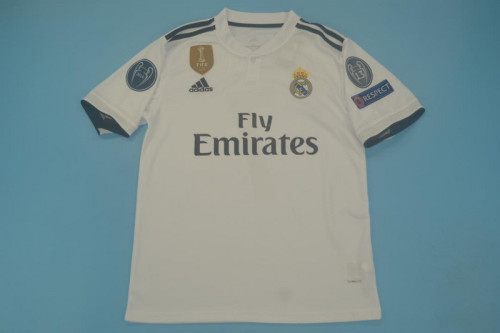 with Golden FIFA+UCL Patch Retro Jersey 2018-2019 Real Madrid Home Soccer Jersey Vintage Football Shirt