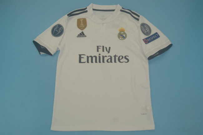 with Golden FIFA+UCL Patch Retro Jersey 2018-2019 Real Madrid Home Soccer Jersey Vintage Football Shirt