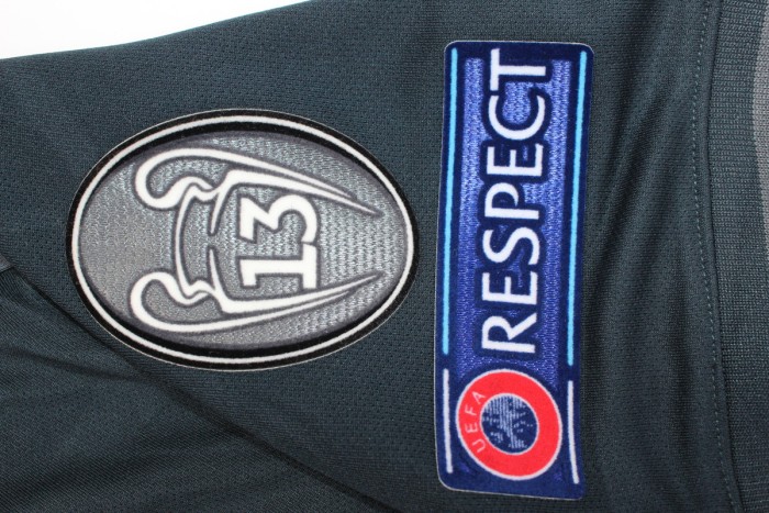 with Golden FIFA+UCL Patch Retro Jersey 2018-2019 Real Madrid Away Black Soccer Jersey Vintage Football Shirt