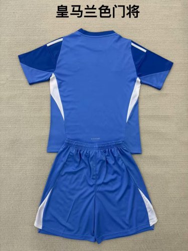 Youth Uniform Kids Kit 2025-2026 Real Madrid Blue Goalkeeper Soccer Jersey Shorts Child Football Set
