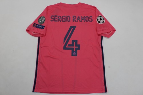 with UCL Patch Retro Jersey 2020-2021 Real Madrid SERGIO RAMOS 4 Away Pink Soccer Jersey Vintage Real Football Shirt