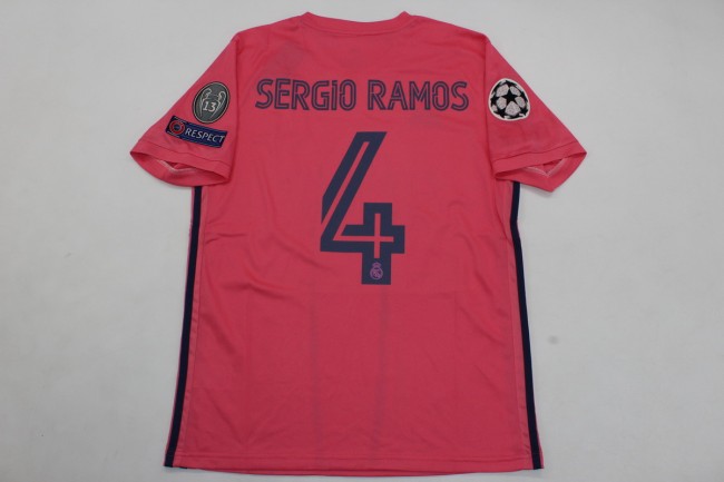 with UCL Patch Retro Jersey 2020-2021 Real Madrid SERGIO RAMOS 4 Away Pink Soccer Jersey Vintage Real Football Shirt