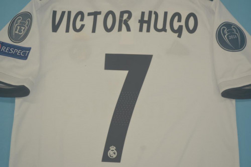 with Golden FIFA+UCL Patch Retro Jersey 2018-2019 Real Madrid VICTOR HUGO 7 Home Soccer Jersey Vintage Football Shirt