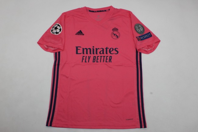 with UCL Patch Retro Jersey 2020-2021 Real Madrid Away Pink Soccer Jersey Vintage Real Football Shirt