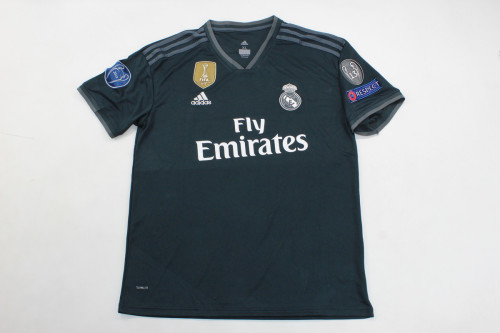 with Golden FIFA+UCL Patch Retro Jersey 2018-2019 Real Madrid Away Black Soccer Jersey Vintage Football Shirt