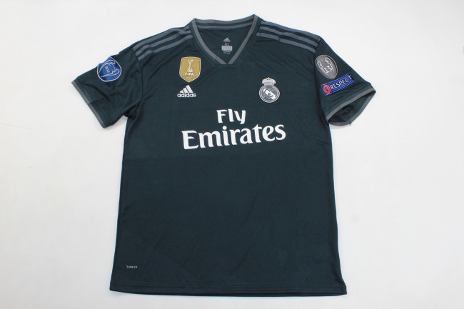 with Golden FIFA+UCL Patch Retro Jersey 2018-2019 Real Madrid Away Black Soccer Jersey Vintage Football Shirt