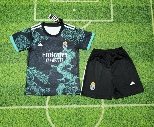 Youth Uniform Kids Kit 2025-2026 Real Madrid Black/Green Goalkeeper Soccer Jersey Shorts Child Football Set