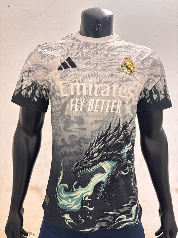 Player Version 2025-2026 Real Madrid White/Dark Blue Dragon Soccer Jersey Real Football Shirt