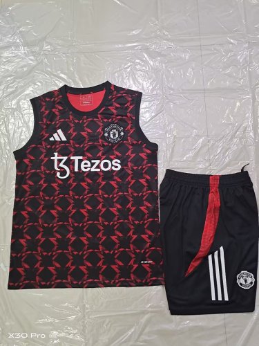 Adult Uniform 2025-2026 Manchester United Black/Red Soccer Training Vest and Shorts Football Set
