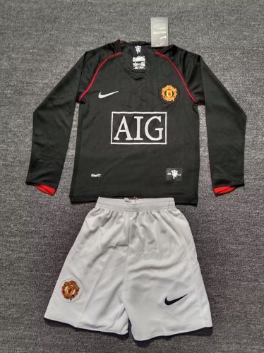Long Sleeve Retro Youth Uniform Kids Kit 2007-2008 Manchester United Black Soccer Jersey Shorts Vintage Child Football Set