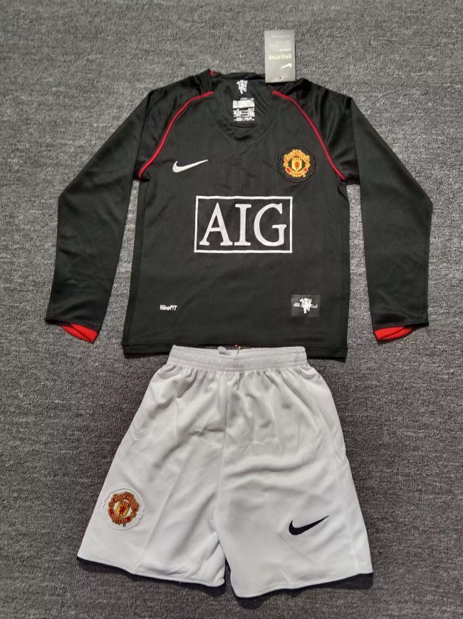 Long Sleeve Retro Youth Uniform Kids Kit 2007-2008 Manchester United Black Soccer Jersey Shorts Vintage Child Football Set