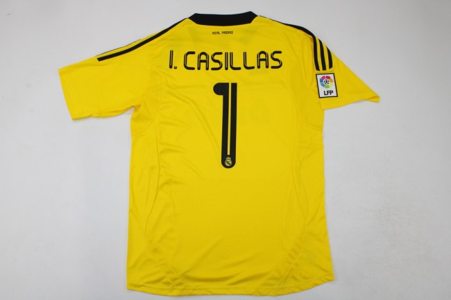 with Front Lettering+LFP Patch Retro Jersey 2011-2012 Real Madrid I.CASILLAS 1 Yellow Goalkeeper Soccer Jersey