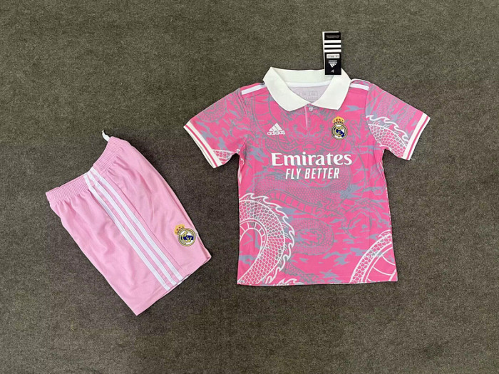 Youth Uniform Kids Kit 2025-2026 Real Madrid Pink Dragon Soccer Jersey Shorts Child Football Set