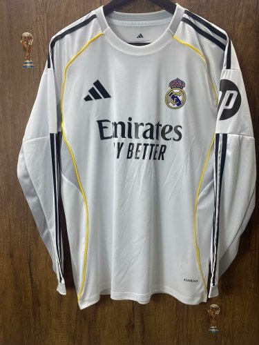 with HP Long Sleeve Fan Version 2025-2026 Real Madrid Home Soccer Jersey Real Football Shirt