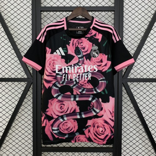 Fans Version 2025-2026 Real Madrid Black/Pink Flower Soccer Jersey Real Football Shirt