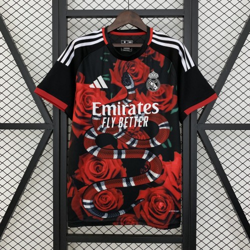 Fans Version 2025-2026 Real Madrid Black/Red Flower Soccer Jersey Real Football Shirt