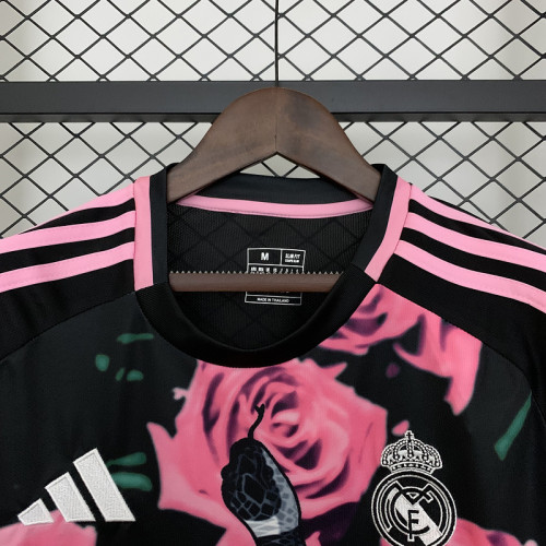 Fans Version 2025-2026 Real Madrid Black/Pink Flower Soccer Jersey Real Football Shirt