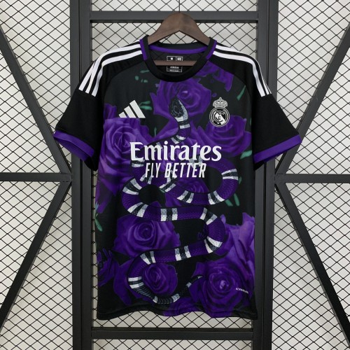 Fans Version 2025-2026 Real Madrid Black/Purple Flower Soccer Jersey Real Football Shirt