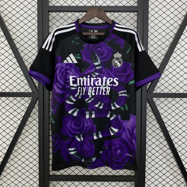 Fans Version 2025-2026 Real Madrid Black/Purple Flower Soccer Jersey Real Football Shirt